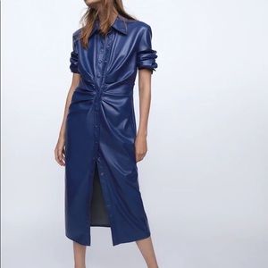 ZARA Blue women FAUX LEATHER Shirt Dress Size XS NWT